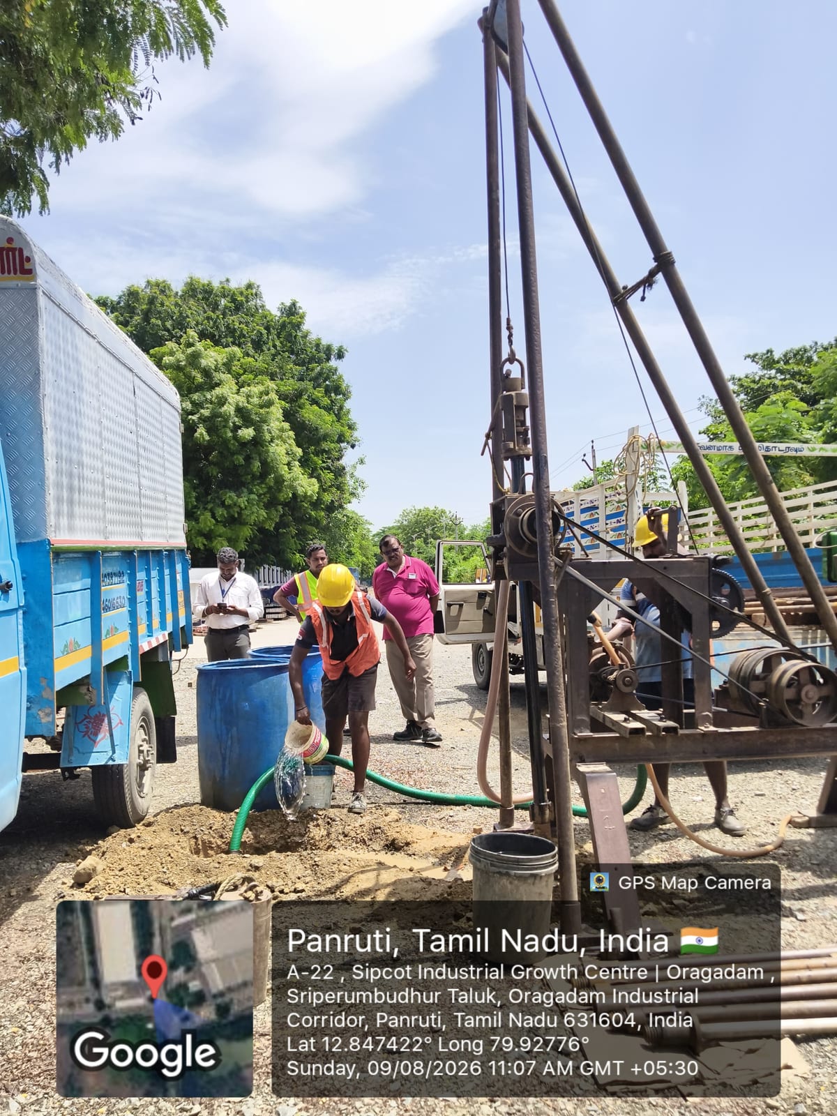 Borehole drilling rig and field team during soil investigation in the Oragadam industrial corridor