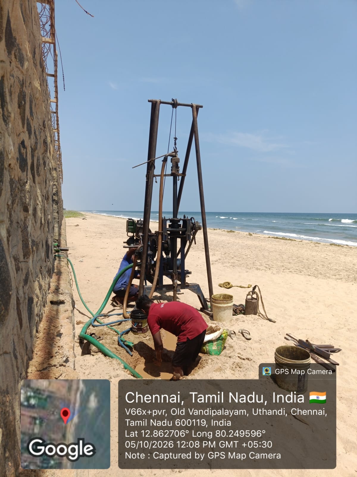 Soil investigation rig and sampling work at a coastal site in Uthandi, Chennai