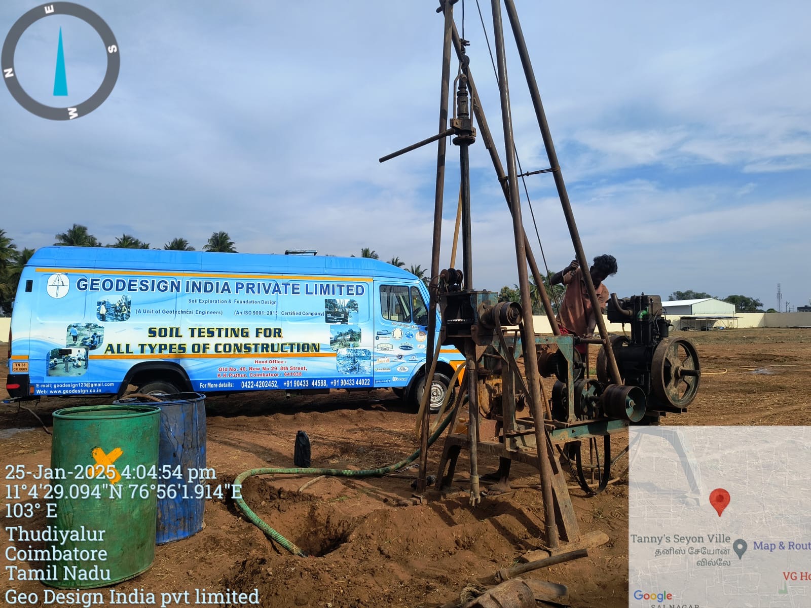 Borehole drilling rig positioned for soil investigation at a construction site
